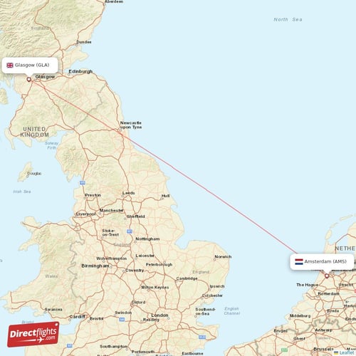 Amsterdam - Glasgow direct flight map