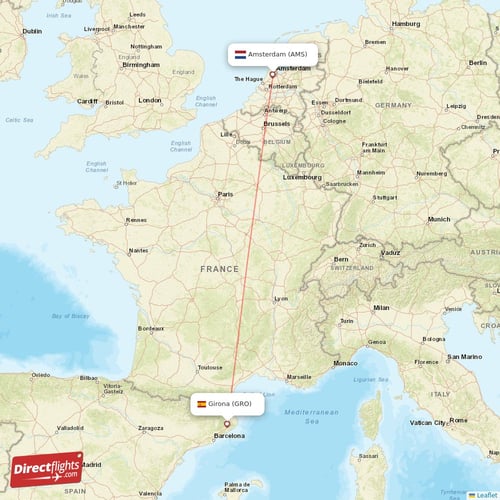 Amsterdam - Girona direct flight map