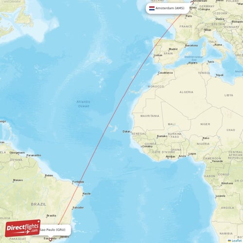 Amsterdam - Sao Paulo direct flight map