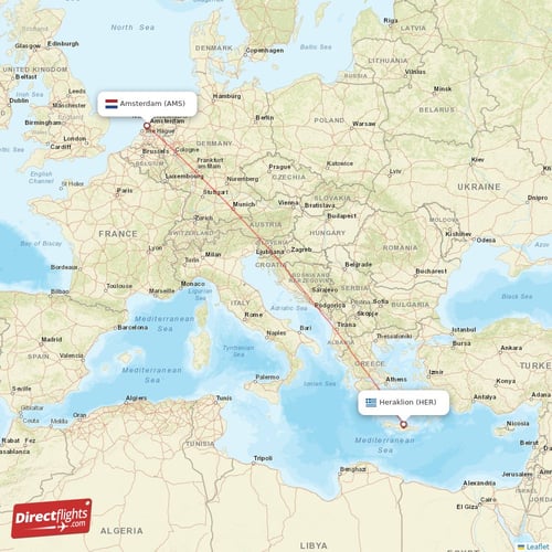Amsterdam - Heraklion direct flight map