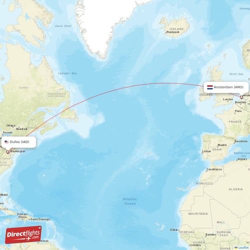 Amsterdam - Dulles direct flight map
