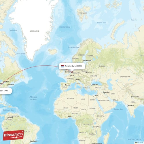 Amsterdam - Houston direct flight map