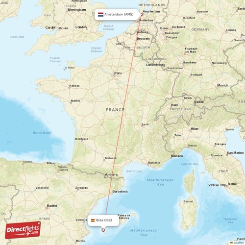 Amsterdam - Ibiza direct flight map