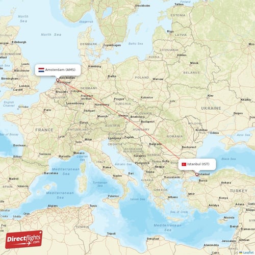 Amsterdam - Istanbul direct flight map