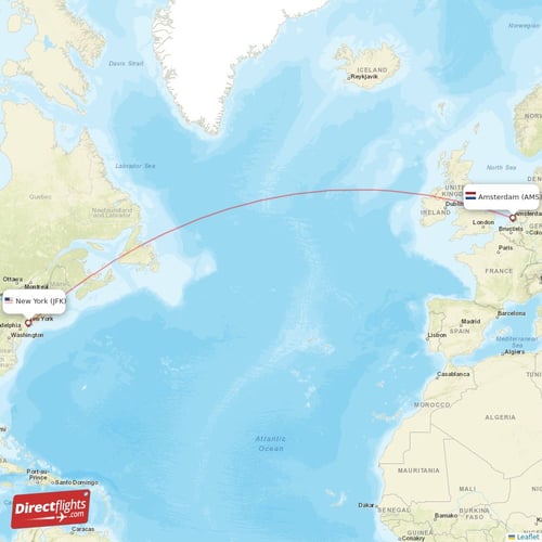 Amsterdam - New York direct flight map
