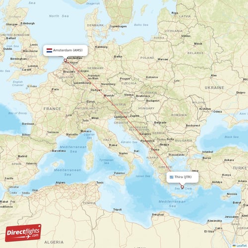 Amsterdam - Thira direct flight map