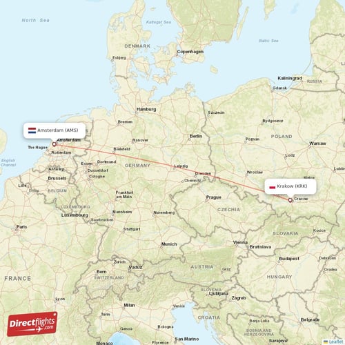 Amsterdam - Krakow direct flight map