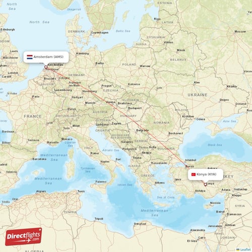 Amsterdam - Konya direct flight map