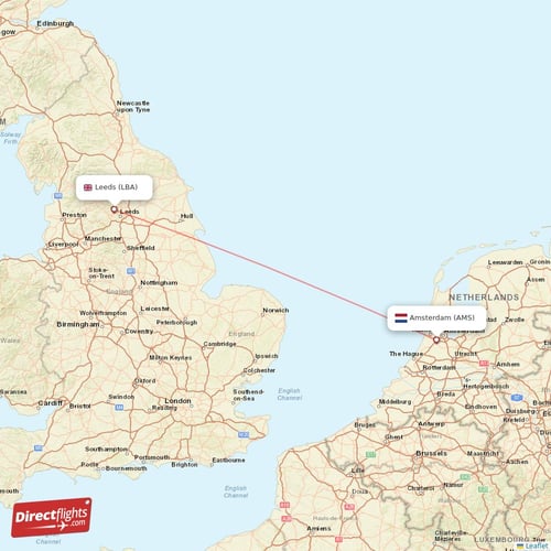 Amsterdam - Leeds direct flight map