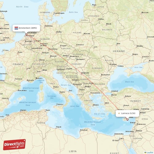 Amsterdam - Larnaca direct flight map