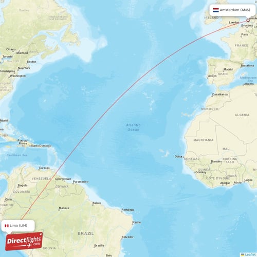 Amsterdam - Lima direct flight map
