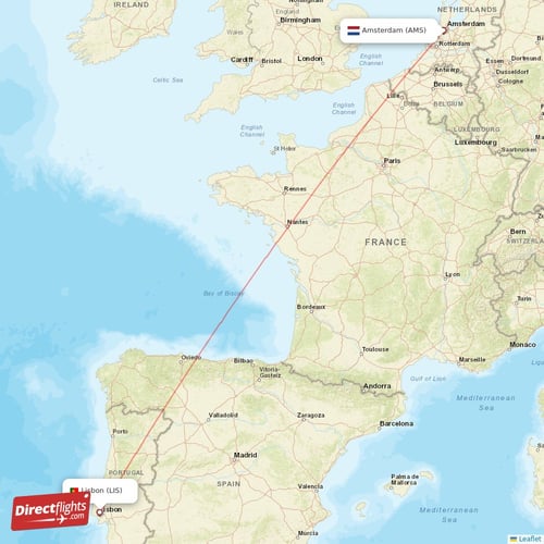 Amsterdam - Lisbon direct flight map