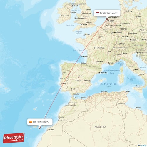 Amsterdam - Las Palmas direct flight map