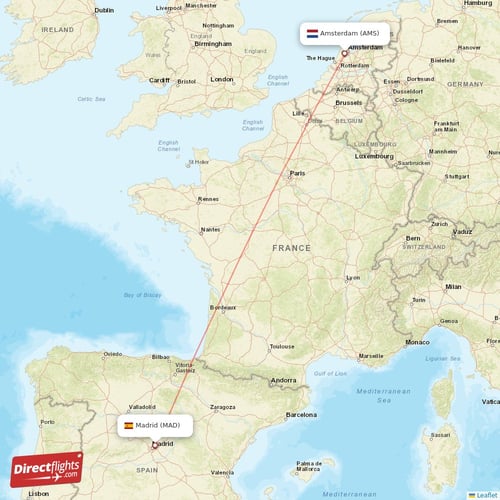 Amsterdam - Madrid direct flight map