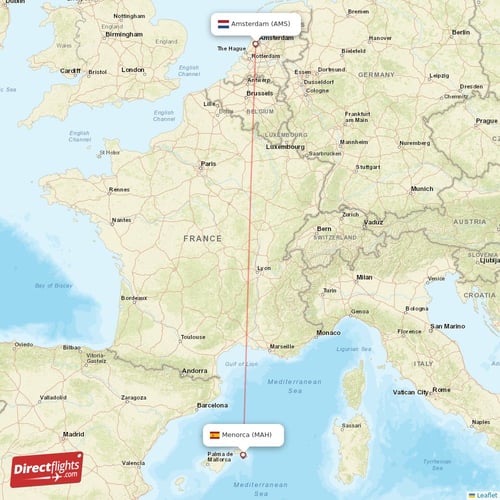 Amsterdam - Menorca direct flight map