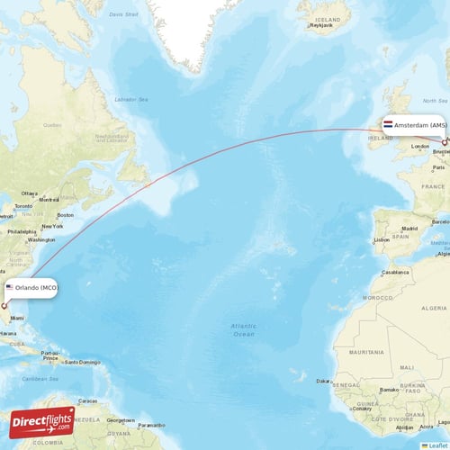 Amsterdam - Orlando direct flight map