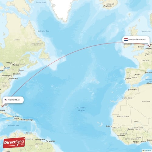 Amsterdam - Miami direct flight map