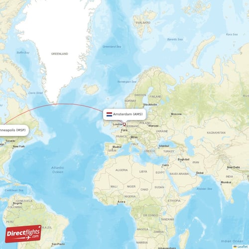 Amsterdam - Minneapolis direct flight map