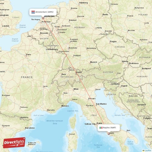 Amsterdam - Naples direct flight map
