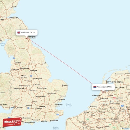 Amsterdam - Newcastle direct flight map