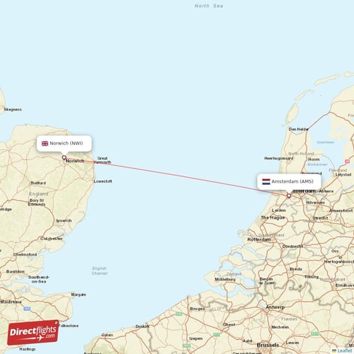 Amsterdam - Norwich direct flight map