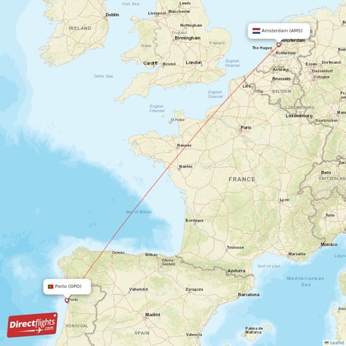 Amsterdam - Porto direct flight map