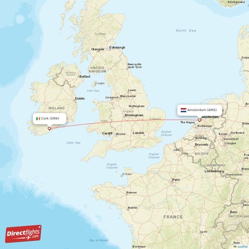 Amsterdam - Cork direct flight map