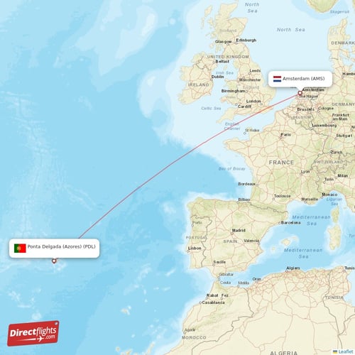 Amsterdam - Ponta Delgada (Azores) direct flight map
