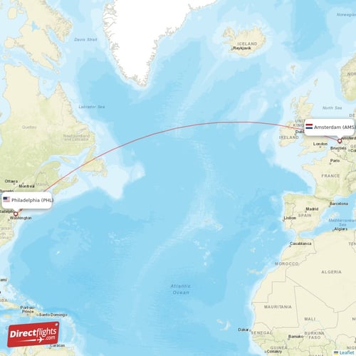 Amsterdam - Philadelphia direct flight map