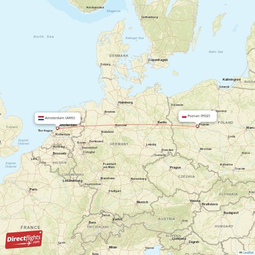 Amsterdam - Poznan direct flight map