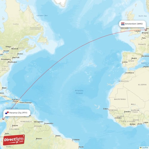 Amsterdam - Panama City direct flight map