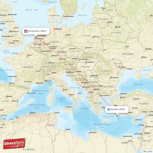 Amsterdam - Rhodes direct flight map