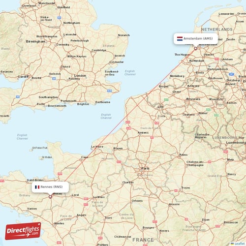Amsterdam - Rennes direct flight map