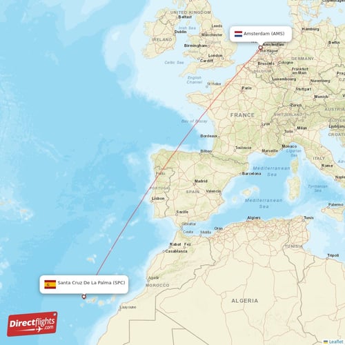 Amsterdam - Santa Cruz De La Palma direct flight map