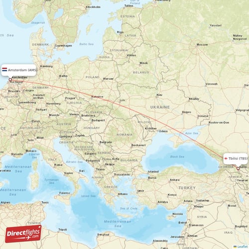 Amsterdam - Tbilisi direct flight map