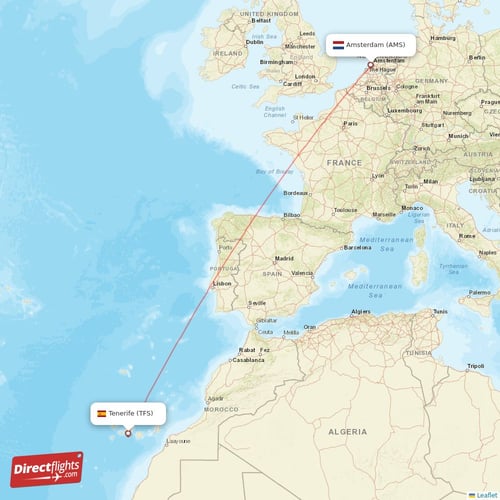 Amsterdam - Tenerife direct flight map