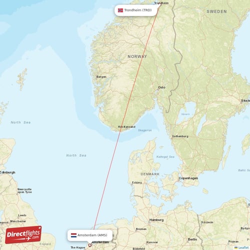 Amsterdam - Trondheim direct flight map