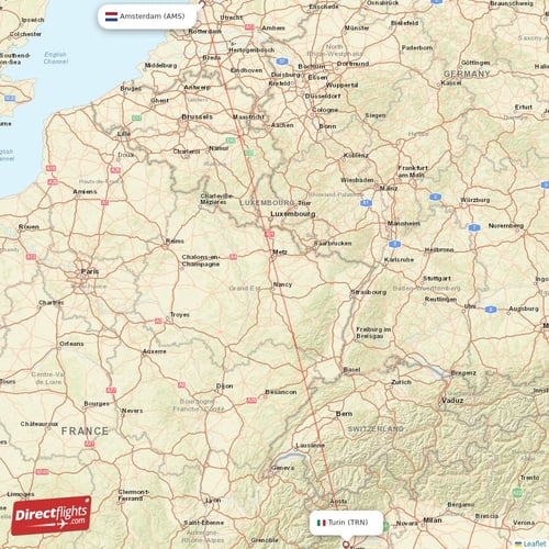Amsterdam - Turin direct flight map