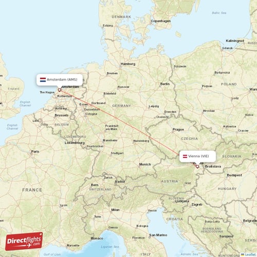 Amsterdam - Vienna direct flight map