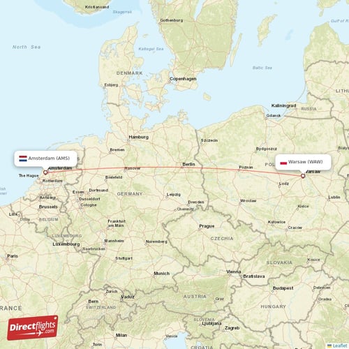 Amsterdam - Warsaw direct flight map
