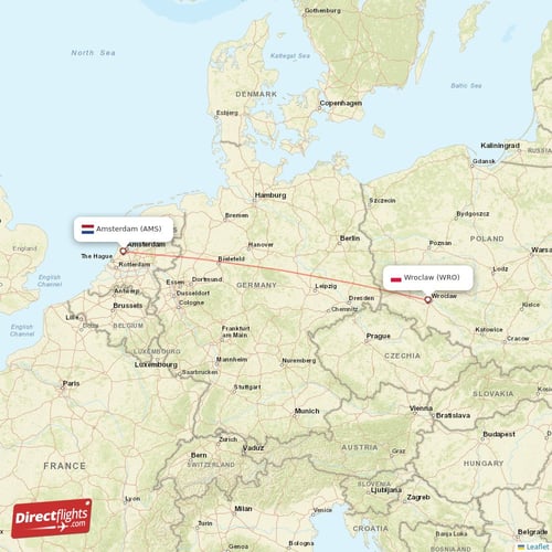 Amsterdam - Wroclaw direct flight map