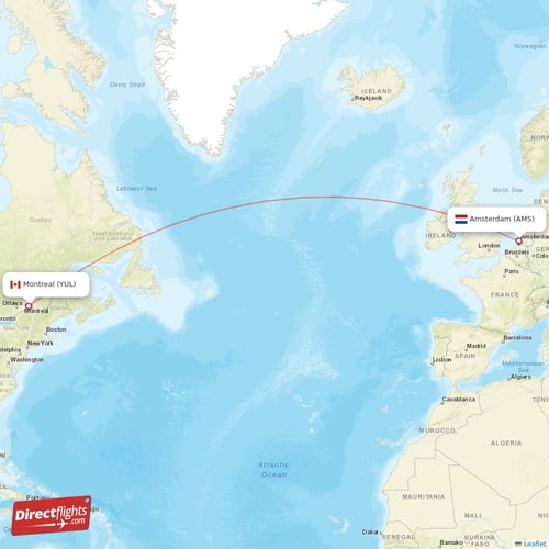 Amsterdam - Montreal direct flight map