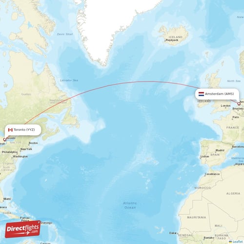 Amsterdam - Toronto direct flight map