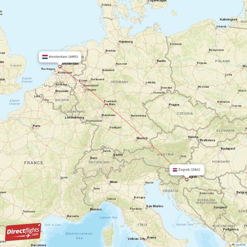 Amsterdam - Zagreb direct flight map