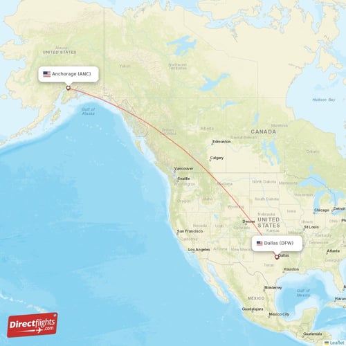 Anchorage - Dallas direct flight map