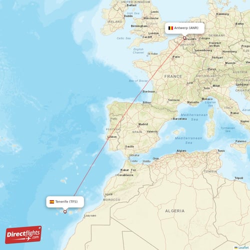 Antwerp - Tenerife direct flight map