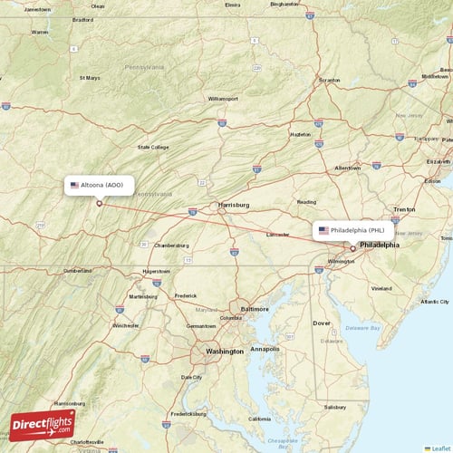 Altoona - Philadelphia direct flight map
