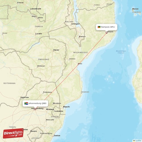 Nampula - Johannesburg direct flight map