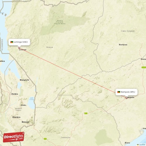 Nampula - Lichinga direct flight map