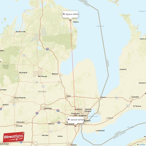 Alpena - Detroit direct flight map